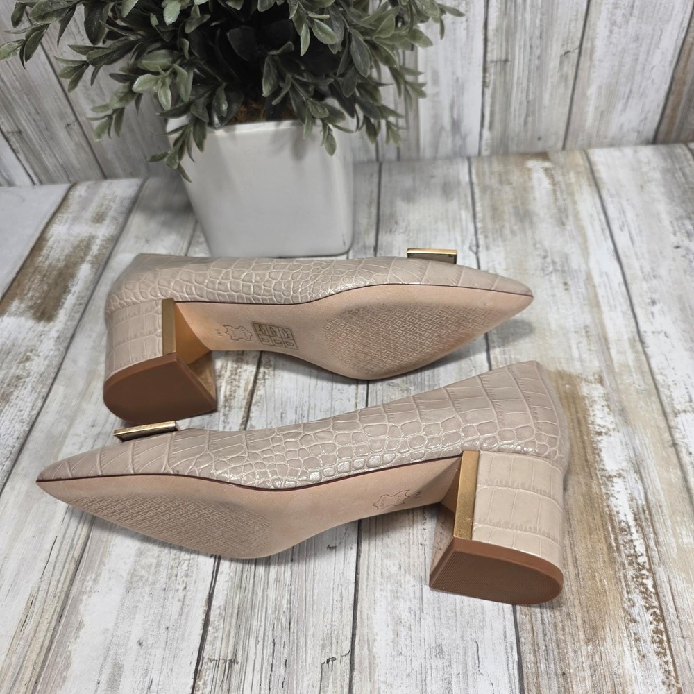 Tory Burch Eleanor Beige Croc Embossed Leather Pointed Toe Block Heel Pumps 5M - Picture 12 of 15